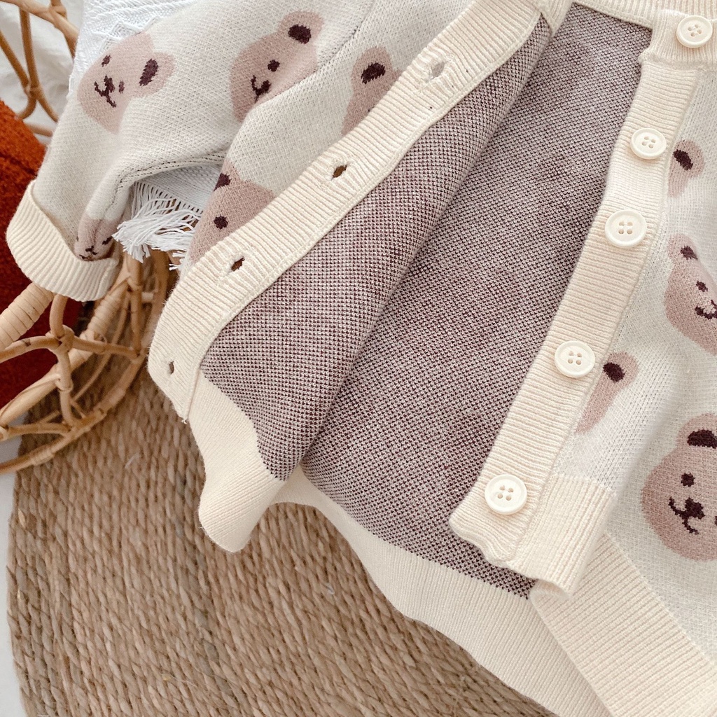 Áo len cardigan trẻ em họa tiết gấu mềm mịn, phong cách Hàn quốc