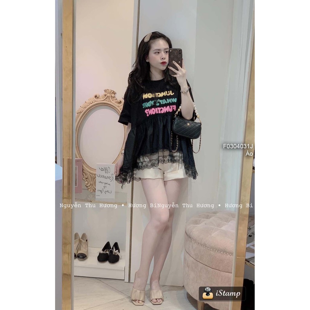 Áo thun babydoll pha ren in chữ tay ngắn!