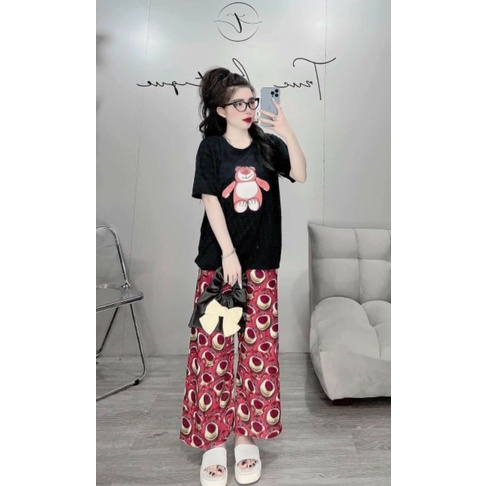Set Ống Rộng, Áo Thun Cotton Hình Gấu Thêu, Quần Rộng Gân