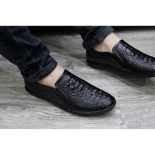 Giày lười da bò dập  vân cá sấu ( đen+ nâu)[ shop tú Quyên- xưởng giày da]