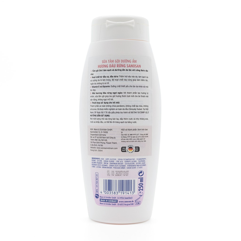 Sữa Tắm Gội Dưỡng Ẩm Sanosan Hương Dừa/Chuối/Dâu Rừng 250ml