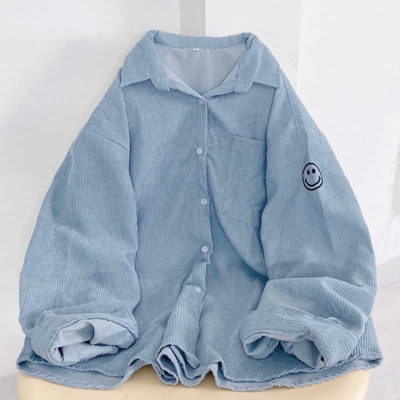 Áo khoác dáng sơmi gài nút thêu kaki nhung gân unisex ulzzang nam nữ