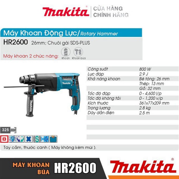 [Chính Hãng] Máy Khoan Búa Đa Năng Makita HR2600 (26MM-800W), Bảo Hành Tại Các TTBH Toàn Quốc