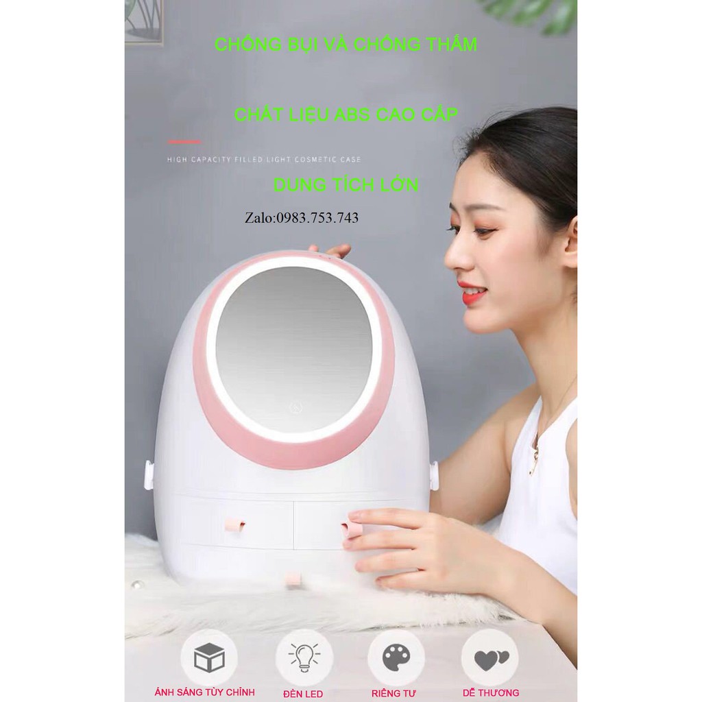 Kệ đựng mỹ phẩm, hộp đựng đồ trang điểm, tủ đựng đồ skincare tích hợp gương HD và đèn LED