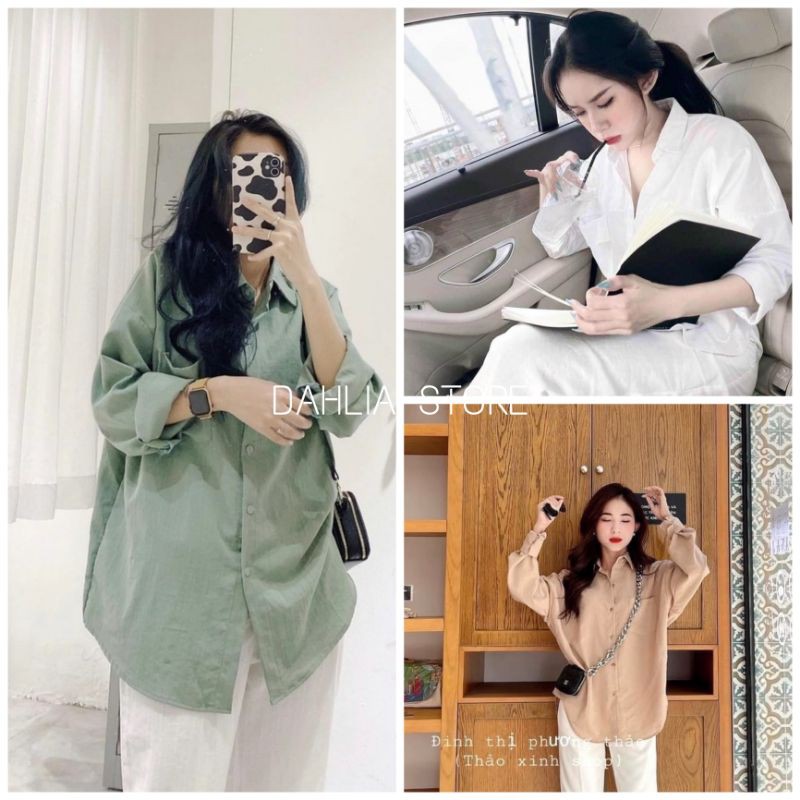 Set Sơ Mi Đũi Xanh Be Nữ Tính [FREESHIP] Bộ quần culottes suông ống rộng trắng kèm áo thun dài tay form rộng Ulzzang