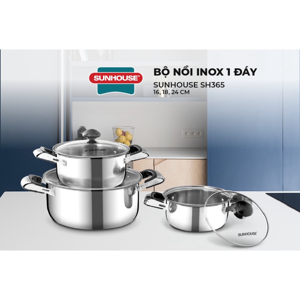 Bộ 3 Nồi Inox 1 Đáy Sunhouse Sh365, Nồi Inox 304 Không Rỉ, Dùng Được Tất Cả Các Loại Bếp, 3 Size 16, 18, 24cm