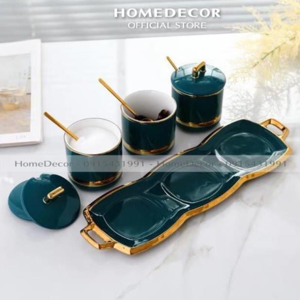 Bộ 3 Hũ đựng gia vị sứ xanh kèm khay và thìa | BigBuy360 - bigbuy360.vn