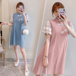 Váy bà bầu cotton dệt kim phong cách Trung Quốc thời trang