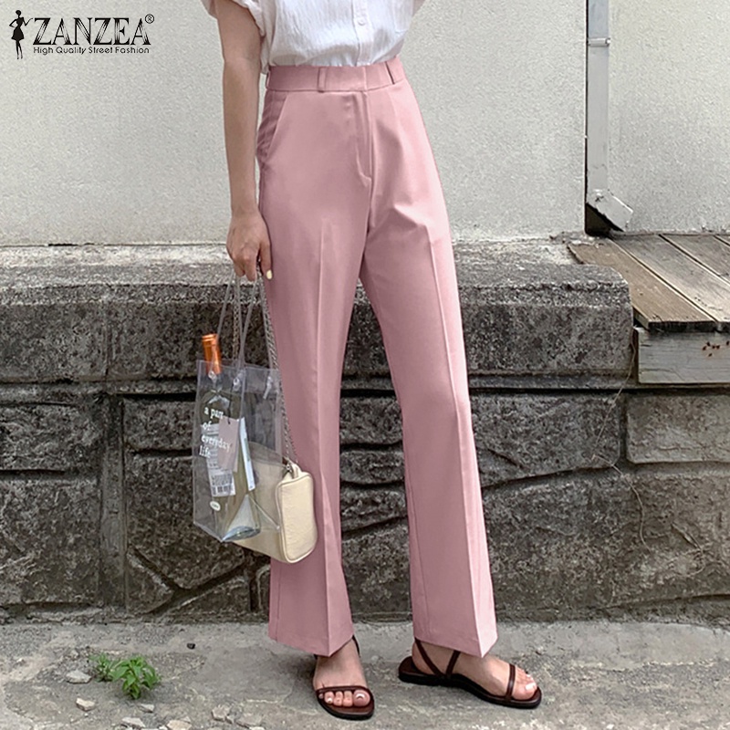 Zanzea Quần Dài Ống Đứng Lưng Thun Cài Nút Phía Trước Thời Trang Cho Nữ