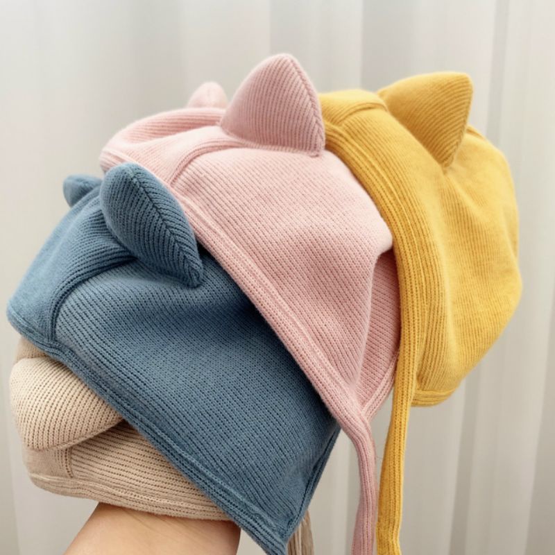 Mũ Cotton 2 Lớp Trùm Đầu Tai Mèo Ngộ Ngĩnh Ấm Áp Cho Bé Yêu 0 - 12