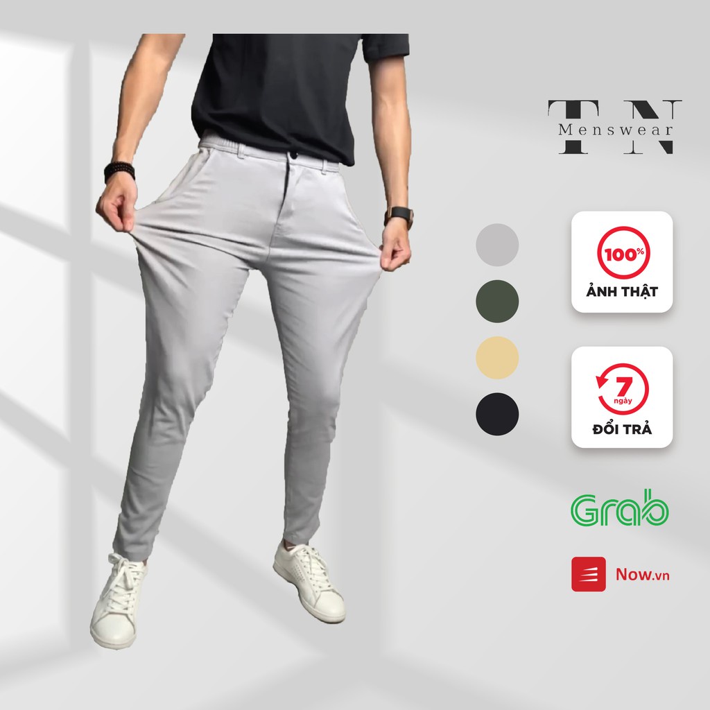 ♙☇☼Quần KaKi Nam Co Giãn Ống Côn Dáng Công Sở Thiết Kế Lưng Thun 4 Màu Đen Ghi Xám Be