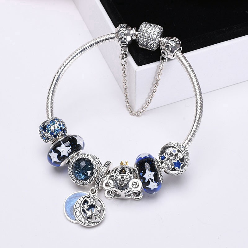 Vòng tay Pandora đính hạt màu xanh dương phối mặt hình trái tim Lin Xin like 925 2021 thời trang cho nữ