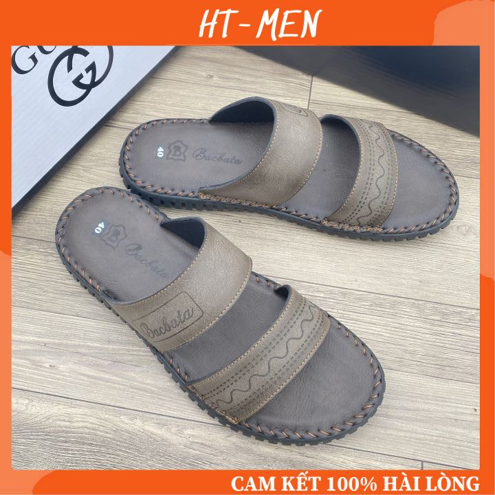 Dép Quai Ngang Cho Nam Chất Da bò Hai Quai Khâu Viền Đế Hàng Full Box