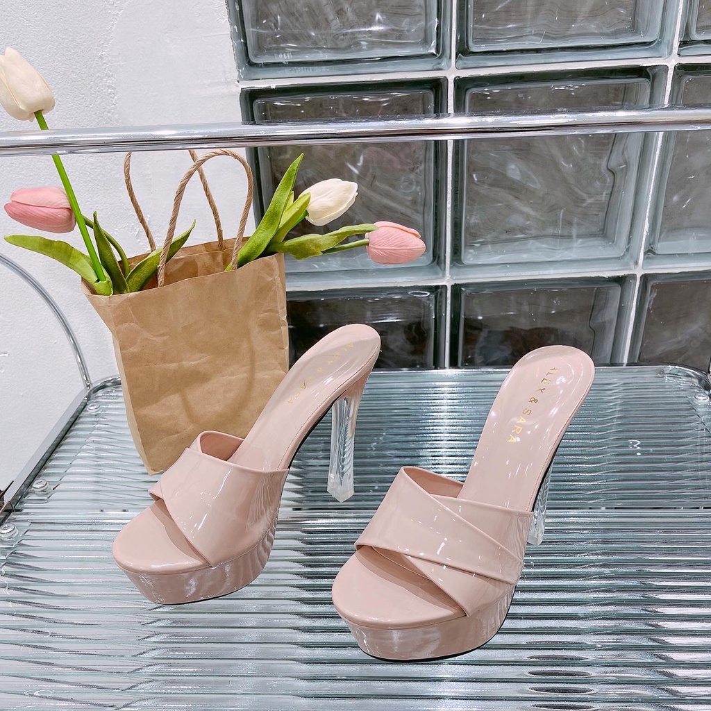 Dép/giày cao gót nữ bảng ngang siêu sang gót đúc vuông pha lê