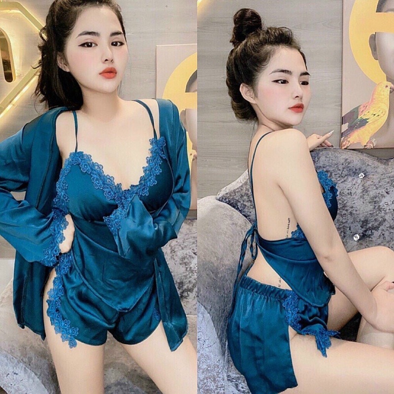 Đồ ngủ sexy 3 món hai dây quần đùi có mút kèm áo choàng lụa satin cao cấp | BigBuy360 - bigbuy360.vn