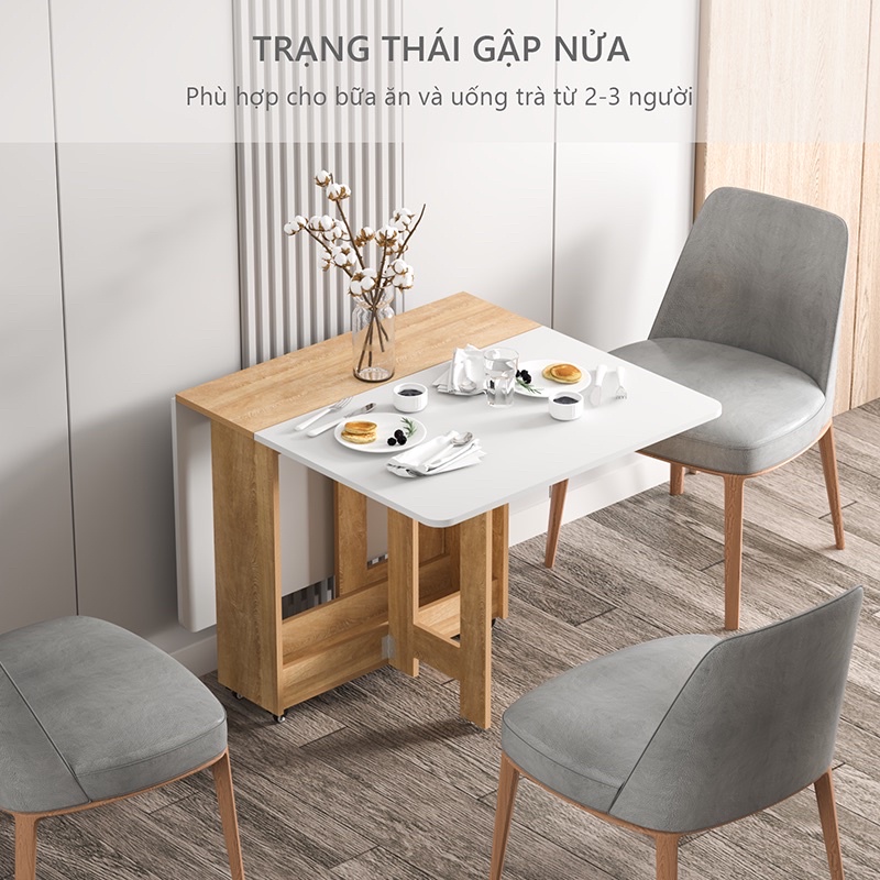 Bàn Ăn Thông Minh Có Bánh Xe , Bàn Ăn Gấp Gọn GP97.41 Trắng - Vân Gỗ