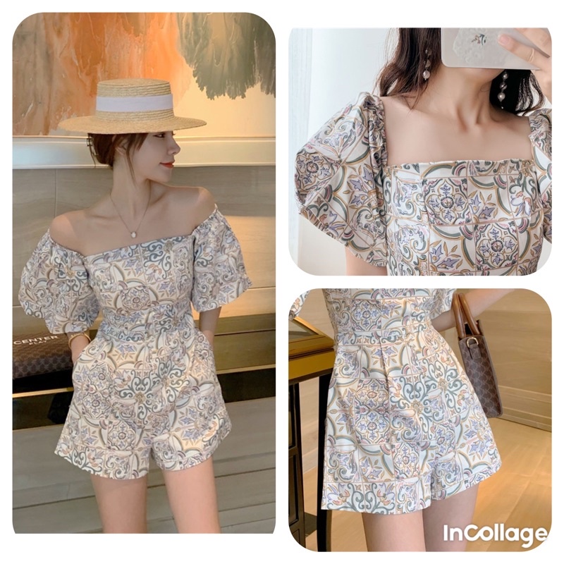 Jumpsuit Quảng Châu, vai bồng, cổ vuông, có chun phía sau lưng, màu in hình gạch sicilian