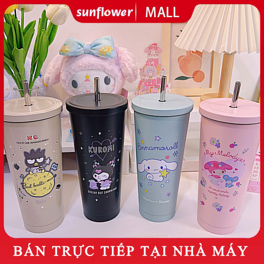 Hoạt Hình Dễ Thương Inox Giữ Nhiệt Cà Phê Sanrio Của Tôi Giai Điệu Cinnamorol Kuromi Kittys Mèo Kawaii Lớn Dung Tích Bình Nước 750ml 2 Lớp Ống Hút Cốc Có Nắp-Nắng Mặt Trời. Vn