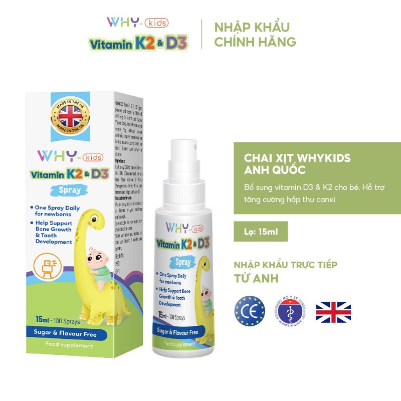WHY KIDs Xịt Bổ sung Vitamin D3 & K2  BÉ LỚN KHỎE MẸ AN TÂM - nhập khẩu nguyên chai từ Anh Quốc.
