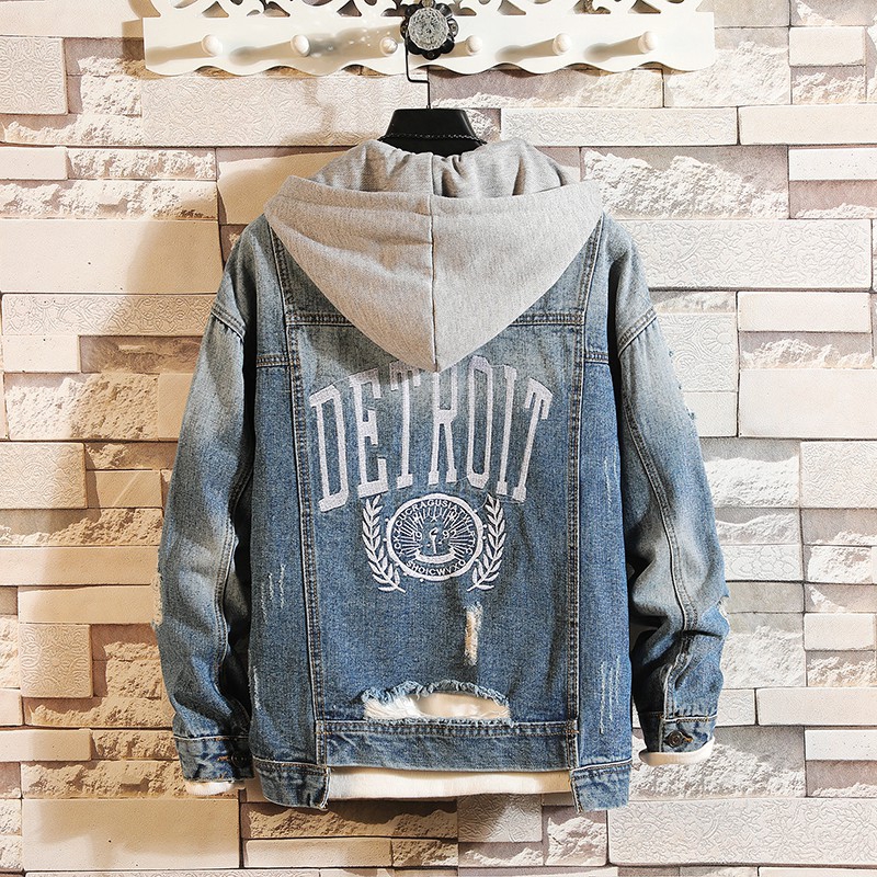 ♪ Jacket Men casal Hole design Cá tính In Hooded Coat Male Fashion Solid Color Loose Denim Jacket New Blue Black ♪