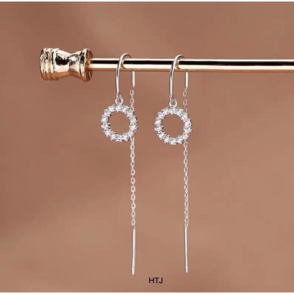 Bông tai nữ bạc thật mặt tròn đính đá dáng dài cực đẹp - Kho sỉ bạc Nhất Linh