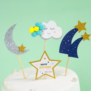 Set que HPBD trăng mây + sao băng_Phụ kiện trang trí bánh sinh nhật