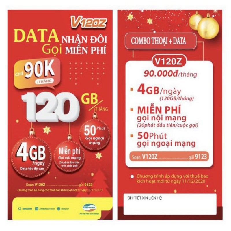 Sim V120Z :Miễn Phí Gọi Nội Mạng Dưới 20 Phút.50Phút Ngoài mạng,Ngày có 4GB,Tháng có 120GB Giá Chỉ 90000₫/1 Tháng