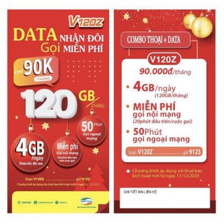 Sim V120Z :Miễn Phí Gọi Nội Mạng Dưới 20 Phút.50Phút Ngoài mạng,Ngày có 4GB,Tháng có 120GB Giá Chỉ 90000₫/1 Tháng