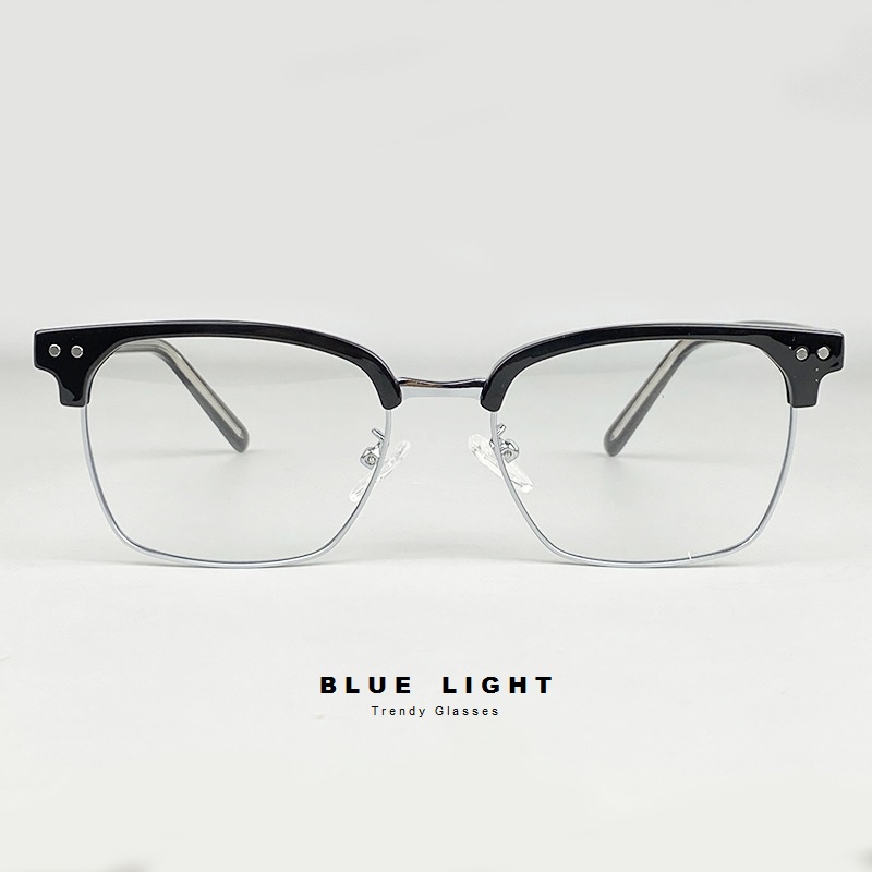 Gong Kính Cận, Kính Mắt Giả Cận Nam Nữ Cao Cấp, Clubmaster Mắt Vuông Đen Bạc Cốt Thép - BLUE LIGHT