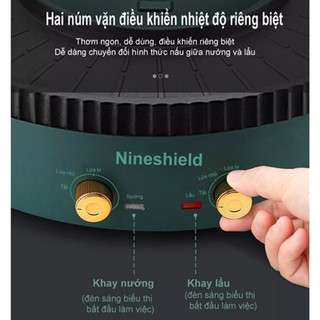Bếp lẩu nướng đa năng Ninensh 2 in 1 - Nồi lẩu nướng điện đa năng - Có 2 mâm nhiệt, công suất 1350W - BH 12 tháng