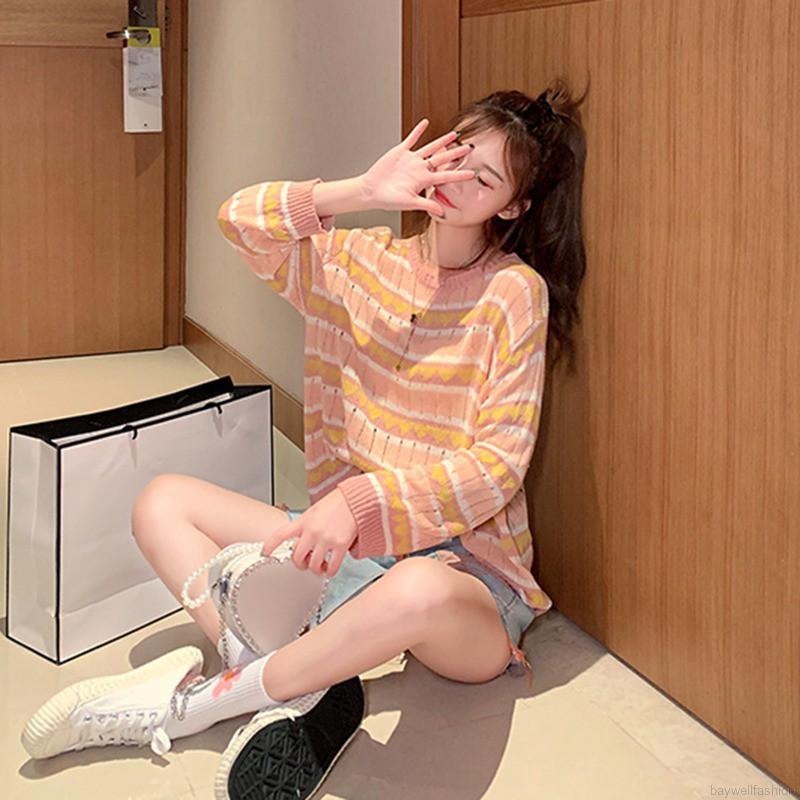 [Baywellfashion]Áo thun sweater cổ tròn dài tay phối màu tương phản | BigBuy360 - bigbuy360.vn