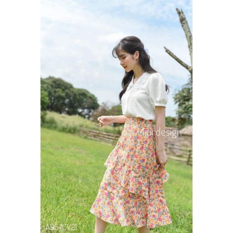 [ FREESHIP 50K ] - Set áo sơ mi trắng  chân váy xòe xếp ly hoa nhí