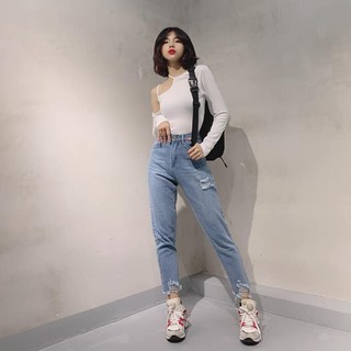 Quần jeans rách lai xếch