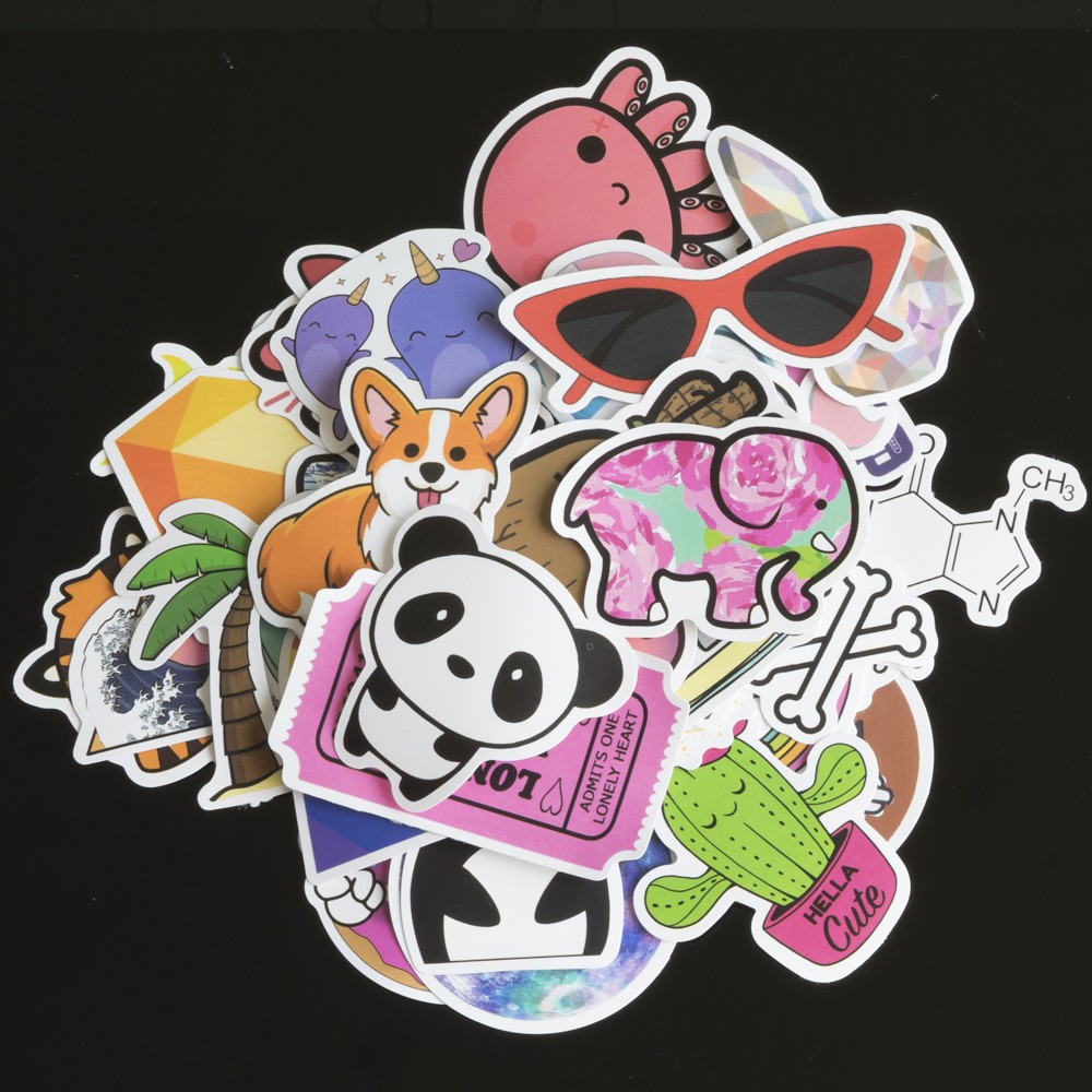 Bộ 50 sticker dán trang trí laptop, vali, xe máy, xe đạp, ván trượt, đàn guitar,đàn ukelele, mũ bảo hiểm,... cute