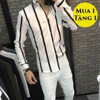 Áo sơ mi lụa soái ca kẻ sọc 2 màu basic đen trắng