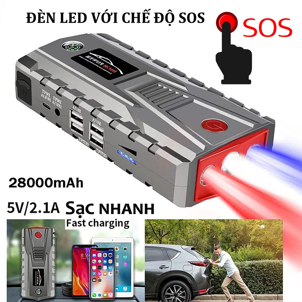 800A Đỉnh 28000mAh 12V khởi động nhảy siêu an toàn (Lên đến 6.0L Xe hơi), với 4 USB sạc, sạc nhanh 3.0 Type-C