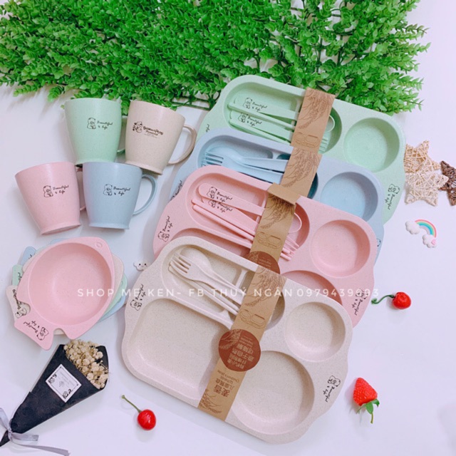 Bộ khay chữ nhật kèm bát cốc nhựa lúa mạch 6 chi tiết cho bé ăn dặm