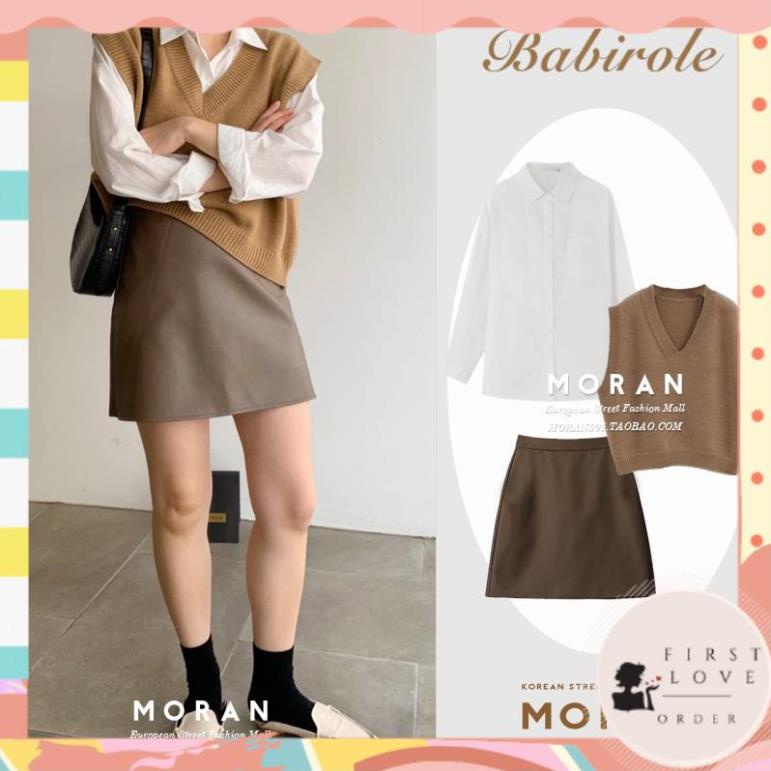 (firstlove ORDER) Chân váy da màu nâu cạp cao dáng chữ A style MORAN công sở Hàn Quốc năng động ( HÀNG_MỚI ) 01