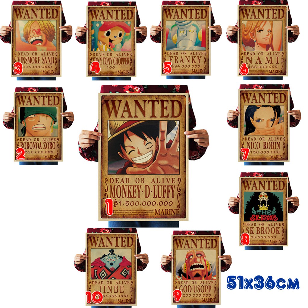 Poster One Piece Team Mũ Rơm 51x36cm Vintage - Hình Vua Hải Tặc - Luffy, Zoro, Sanji, Nami, Franky, Chopper, Robin,...
