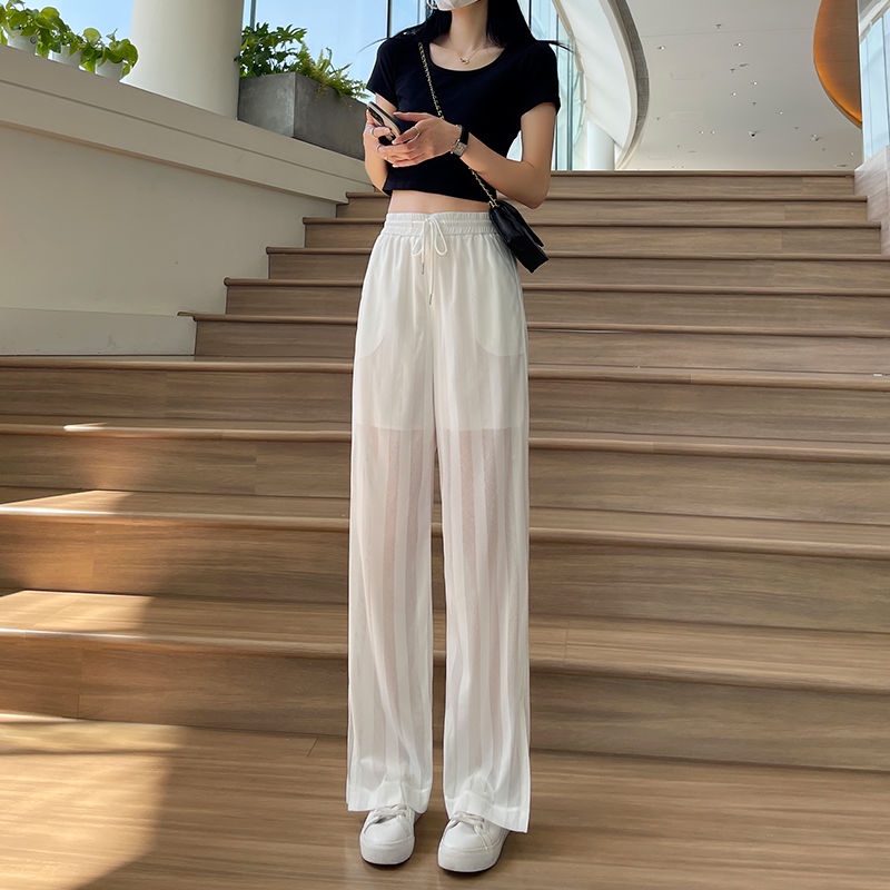 [LININ] Quần Ống Rộng Xẻ Tà Màu Trắng Mỏng Dáng Suông Lưng Cao Chống Nắng Mặc Thường Ngày Cho Nữ