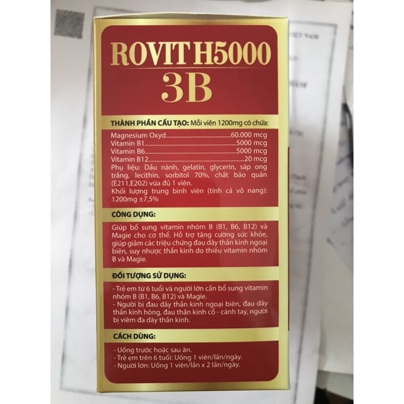 Rovit h5000 3b hộp 100 viên - bổ sung vitamin nhóm b,mg,giảm triệu chứng đau dây thần kinh ngoại biên