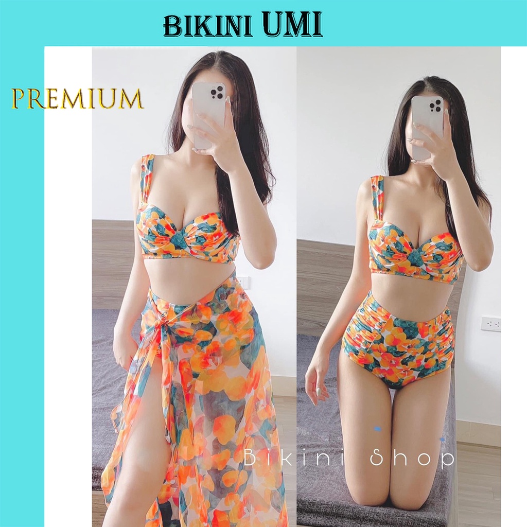 BIKINI 2 MẢNH KÈM KHĂN HỌA TIẾT HOA CAM HOT