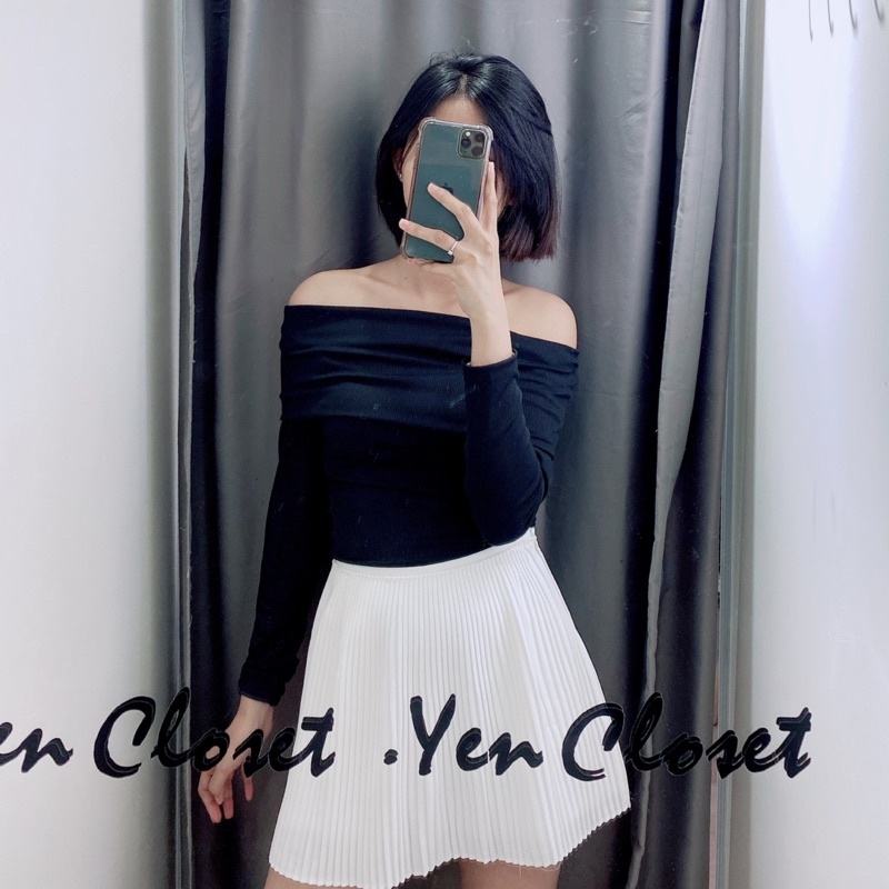 Hình thật - Áo trễ vai tay dài xinh xắn, co giãn