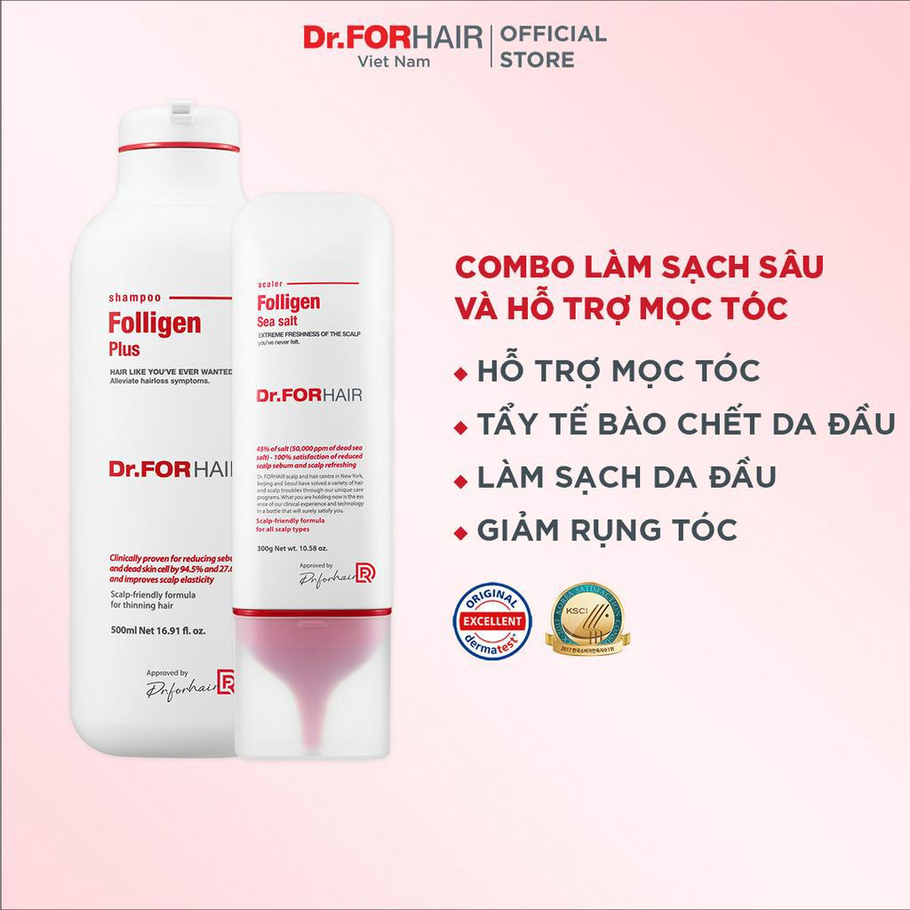 Combo Dầu Gội Đầu Giảm Rụng Tóc Folligen Plus Shampoo 500ml Và Muối Tẩy Tế Bào Chết Da Đầu Sea Salt Scaler 300g