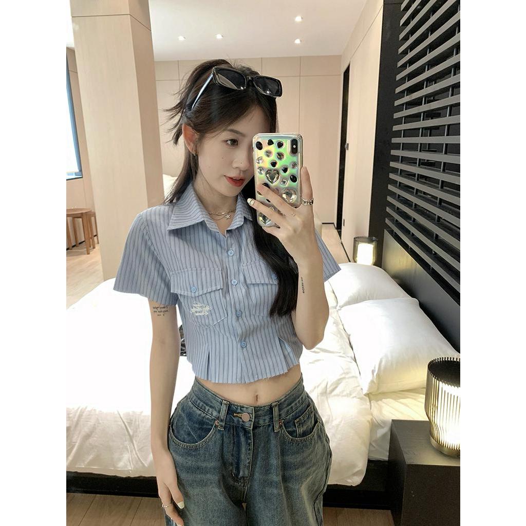 Áo Sơ Mi Kẻ Sọc Ngắn Tay Dáng Ôm Phong Cách Preppy 63497