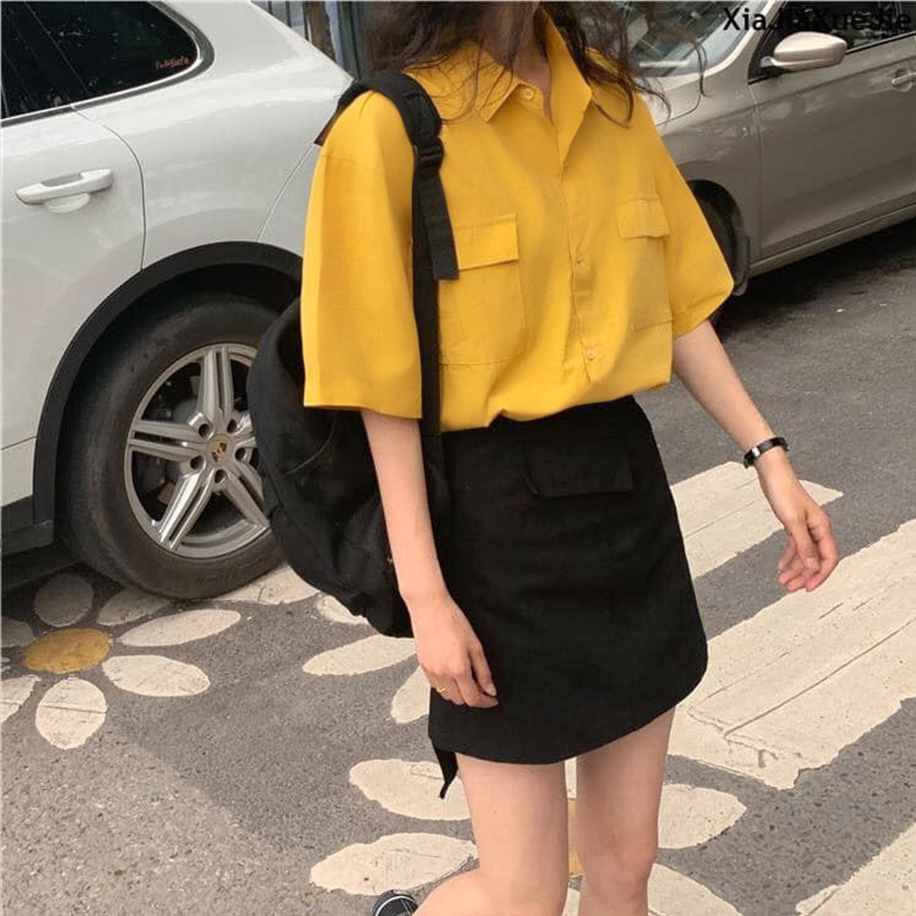 Áo sơ mi nữ cổ bẻ tay ngắn - lỡ phong cách ulzzang form freesize dáng rộng unisex TRƠN HAI TÚI ASM02