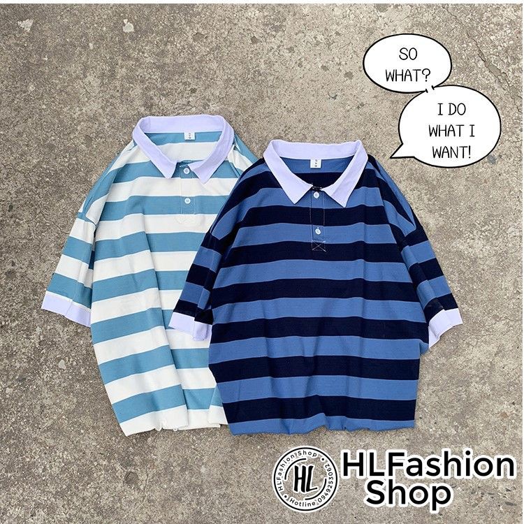 Áo polo thun cổ trụ Unisex sọc ngang to bản lịch sự đơn giản, áo thun có cổ HLFashion