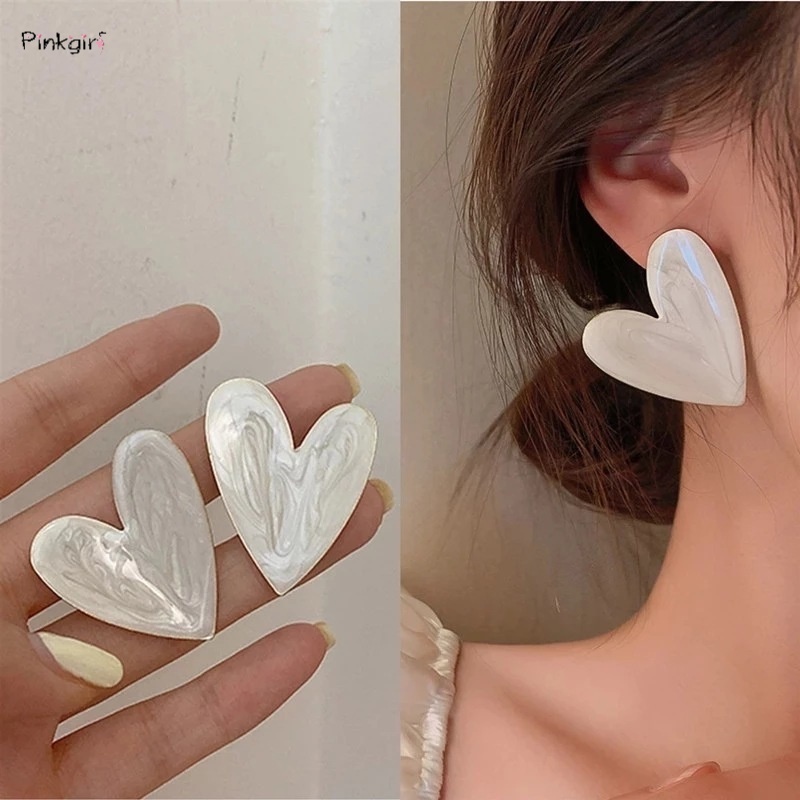 1 Đôi Bông Tai Xỏ Lỗ Hình Trái Tim Lớn Màu Sắc Trắng Dành Cho Nữ
