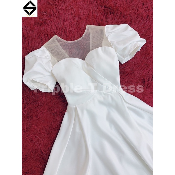 Đầm maxi xoè mặc cưới xếp ly ngực 3 tia tay ngắn phồng cổ tròn phối lưới nude TRIPBLE T DRESS - size S/M/L - MS179Y