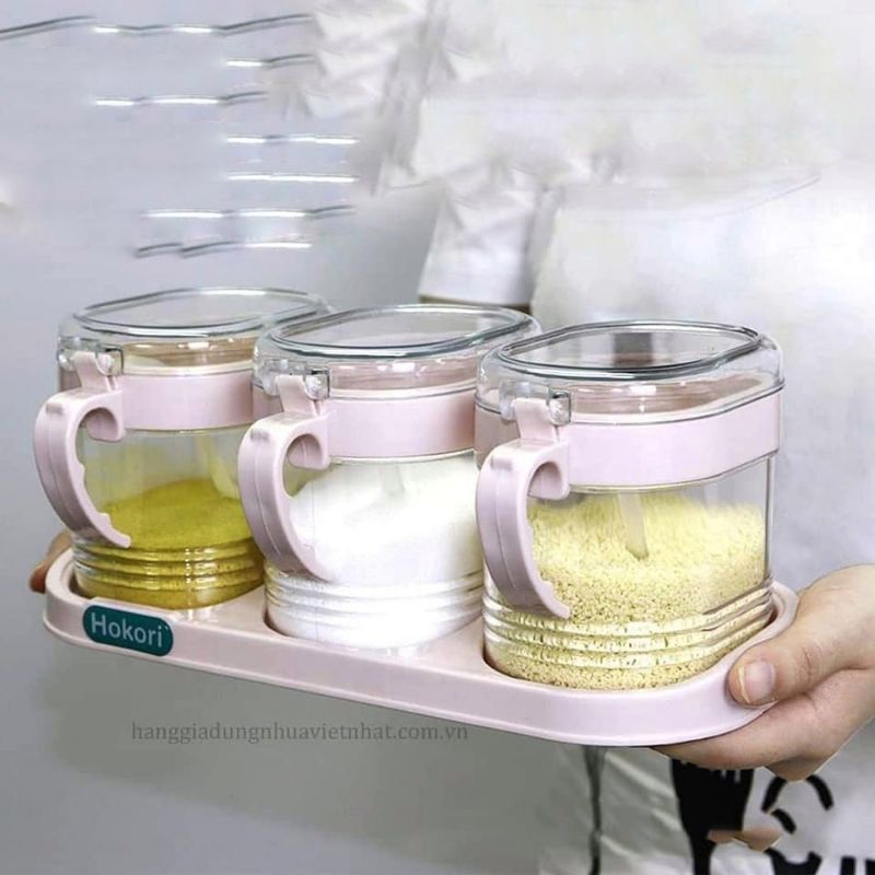 Bộ  hũ lọ đựng gia vị kèm thìa và khay  Hokori loại đẹp